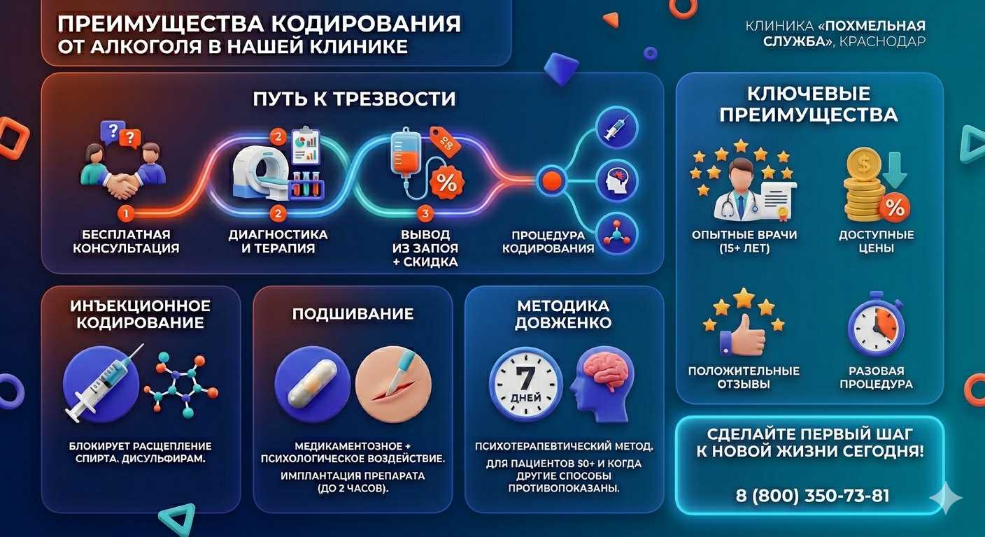 Инфографика о методах кодирования от алкоголя в Адыгейске: инъекции, подшивание, метод Довженко. Преимущества клиники и этапы лечения.