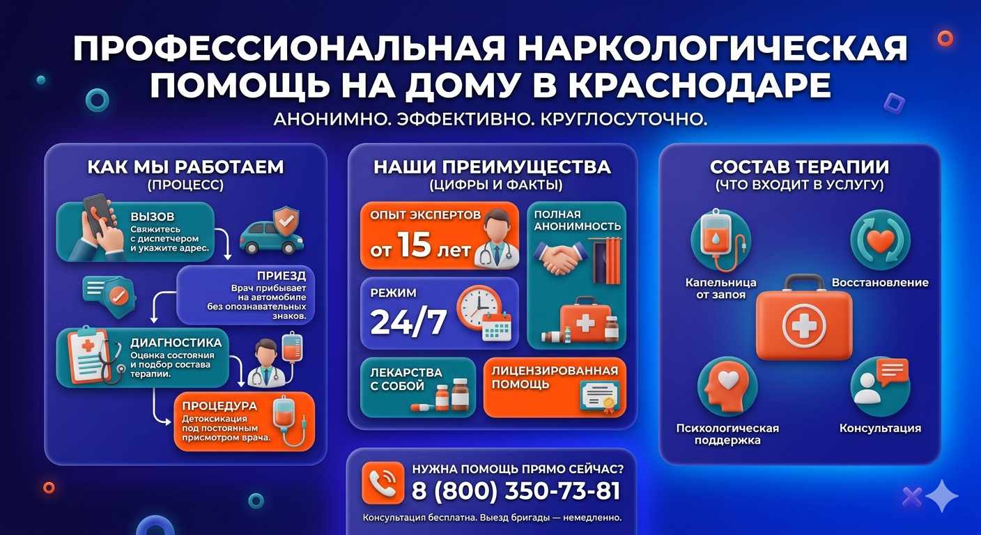 Инфографика о принципах лечения алкоголизма на дому в Адыгейске: этапы вызова нарколога, преимущества анонимной детоксикации и состав медицинской помощи.
